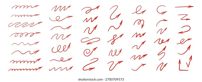 Handgezeichnetes Set mit Pfeilstift. Rote Kurven auf weißem Hintergrund. Kreide, Holzkohle, Pastelldoodle Richtung Zeiger. Bleistiftskizze. Grunge strukturierte Striche, unterstreicht. Freihand schwenkte Pfeile. Vektorgrafik