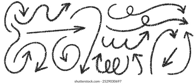 Arrow crayon hand drawn sketch. Vector pencil and chalk scribbles. Doodle charcoal textured grunge elements set. Curve swirl and spiral black marks on white background