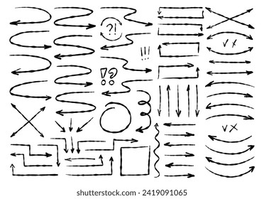 Arrow crayon handdrawn vector set. Sketchy curved line brush icon pack. Doodle scribble chalk road paint. Check and cross marks with pencil guides signboard