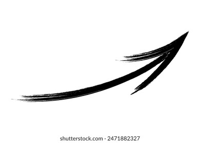 The arrow is crooked. Sketch. The black arrow is pointing to the right and up. Hand drawn sign. Vector illustration. Directional signs made from brush strokes. Outline on isolated white background.