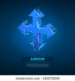 Arrow cross, extend, resize, cross arrow sign. Four-way arrow wireframe digital 3d illustration. Low poly crossway choice concept with lines, dots on blue background. Vector neon polygonal road guide