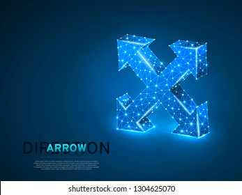 Arrow cross, extend resize sign. Four-way arrow wireframe digital 3d illustration. Low poly crossway choice concept with lines, dots on blue background. Vector neon polygonal road guide