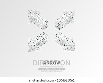 Arrow cross, four-way arrow sign wireframe digital 3d illustration. Low poly crossway choice concept with lines dots on white background. Vector origami style polygonal road guide