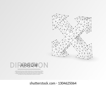 Arrow cross, four-way arrow sign wireframe digital 3d illustration. Low poly crossway choice concept with lines dots on white background. Vector origami style polygonal road guide
