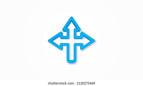 Arrow cross, three-way 3d line flat color icon. Realistic vector illustration. Pictogram isolated. Top view. Colorful transparent shadow design.
