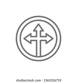 Arrow cross, three-way, different directional arrows symbol line icon.