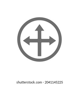 Arrow cross, three-way, different directional arrows symbol grey icon.