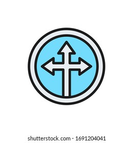 Arrow cross, three-way flat color line icon.