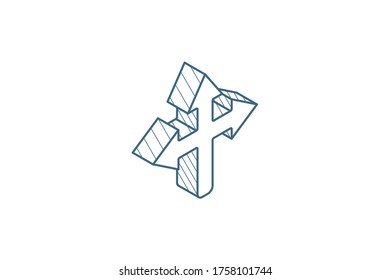 Arrow cross, three-way isometric icon. 3d vector illustration. Isolated line art technical drawing. Editable stroke