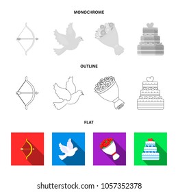 Arrow cupid, dove, bouquet of flowers, wedding cake. Weddin gset collection icons in flat,outline,monochrome style vector symbol stock illustration web.
