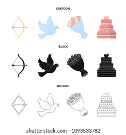 Arrow cupid, dove, bouquet of flowers, wedding cake. Weddin gset collection icons in cartoon,black,outline style vector symbol stock illustration web.