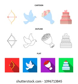 Arrow cupid, dove, bouquet of flowers, wedding cake. Weddin gset collection icons in cartoon,outline,flat style vector symbol stock illustration web.