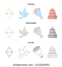 Arrow cupid, dove, bouquet of flowers, wedding cake. Wedding set collection icons in cartoon,outline,monochrome style vector symbol stock illustration web.
