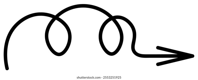 Arrow curled into a spiral. Sketch. Black wriggling arrow pointing to the right. Hand drawn sign. Vector illustration. Outline on isolated white background. Doodle style. Idea for web design.