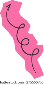 Arrow curls upward in a winding path drawn with rough pencil strokes on an abstract shape. Symbol of progress, ambition, and strategy across a twisting route. Cartoon vector illustration.
