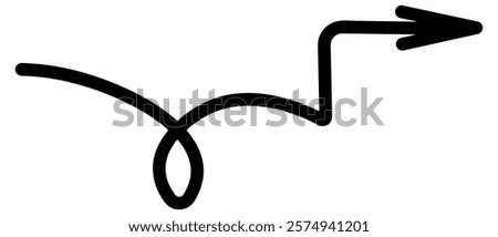 Arrow curly. Sketch. Wavy arrow with loop and right angle. Hand drawn black pointer. Vector illustration. Curved sign directed to the right. Outline on isolated white background. Doodle style. 