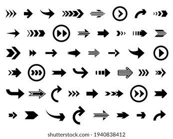 Arrow cursor. Arrows forward backward, direction symbols group. Different up forward ways, black navigation interface pointer recent vector set