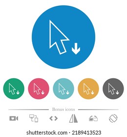 El cursor de flecha hacia abajo muestra los iconos blancos planos en los fondos de color redondo. 6 iconos de bonificación incluidos.