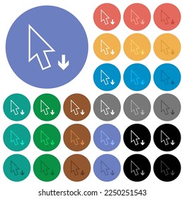 Arrow cursor down outline multi colored flat icons on round backgrounds. Included white, light and dark icon variations for hover and active status effects, and bonus shades.