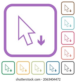 Arrow cursor down outline simple icons in color rounded square frames on white background