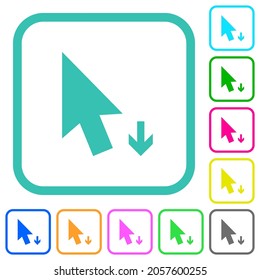 Arrow cursor down solid vivid colored flat icons in curved borders on white background