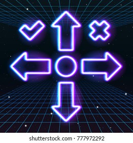 Arrow Or Cursor Icons With Retro 80s Neon Game Style. Controller Keys With Direction Cross, On And Off Buttons On Gamepad