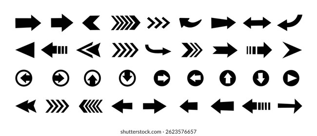 Ícones de seta e cursor.Seta preta ícone de vetor pack.Seta simples grande conjunto. Ilustração vetorial.  Cursor. Setas simples modernas. Ilustração vetorial.

