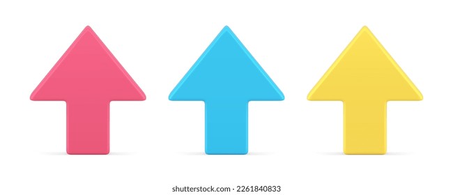Arrow up cursor interface click web pointer upward direction geometric symbol 3d icon set realistic vector illustration. Directional pointing arrowhead indicator aim leading connection navigation