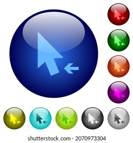Arrow cursor left solid icons on round glass buttons in multiple colors. Arranged layer structure