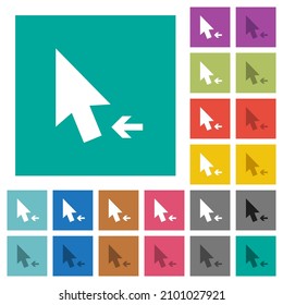 Arrow cursor left solid multi colored flat icons on plain square backgrounds. Included white and darker icon variations for hover or active effects.