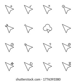 Arrow cursor line icons set, outline vector symbol collection, linear style pictogram pack. Signs, logo illustration. Set includes icons as mouse cursor click, add, check, navigation arrow