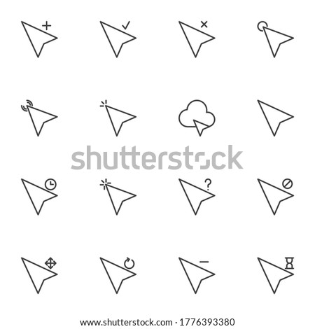 Arrow cursor line icons set, outline vector symbol collection, linear style pictogram pack. Signs, logo illustration. Set includes icons as mouse cursor click, add, check, navigation arrow