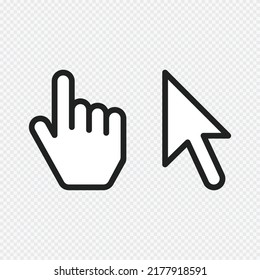 Arrow cursor and mouse hand symbol. Old, retro style. Cursor icons set isolated on transparent background. Vector illustration EPS 10.  