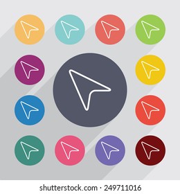 arrow cursor outline circle, flat icons set. Round colorful buttons 