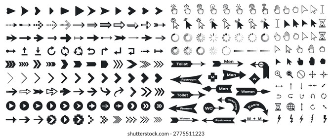 Arrow cursor set with pointer icons and navigation signs for web UI buttons. Vector collection of black symbols for progress spinners, clickable elements and navigation graphics and gesture loader.