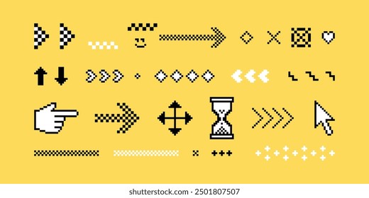 Arrow and cursors icons click set in pixel art. Pixels elements set in the mood of 90's aesthetics. Clicking cursor. Y2k trendy stickers. 8 bit retro style vector illustration. Simple geometric form