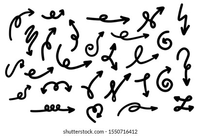 Arrow curve line vector set. Arrow outline curved vector.Arrow drawing pencil vector	