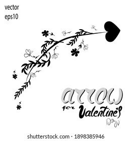 Arrow. Curved flower arrow for Valentine's Day. Pointer. Heart. Wedding. Tattoo. Sticker. Vintage branches. Isolated decorative element on a white background.  Vector illustration.