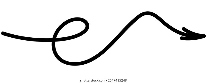 Arrow is curved. Sketch. Wavy black arrow with one loop. Vector illustration. Curved sign is directed to the right. Outline on isolated white background. Doodle style. Idea for web design.