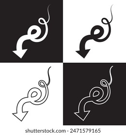 Arrow curved vector icon . down pointing sign . left . isolated black and white background . outline and filled version . EPS 10AI