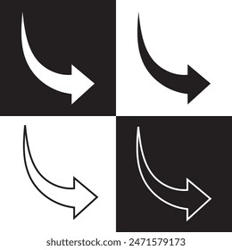 Arrow curved vector icon . down pointing sign . left . isolated black and white background . outline and filled version . EPS 10AI