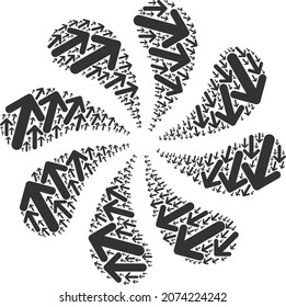 Arrow CW icon rotation cluster flower salute composition. Flower twist composed using scattered arrow CW symbols.