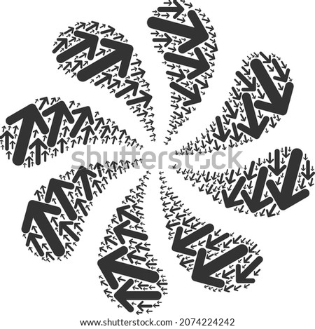 Arrow CW icon rotation cluster flower salute composition. Flower twist composed using scattered arrow CW symbols.