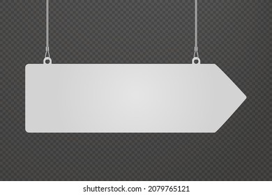 Arrow dangler hanging from ceiling realistic mockup. Mock up of advertising promotion pointer for supermarket sale announcement on transparent background. Mall store label vector illustration