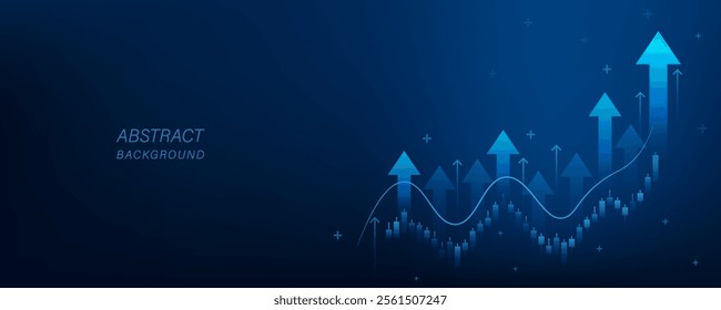 Arrow Up dark blue background with business growth graph chart. Digital technology fantastic design with graph trading stock finance increase. Featuring investment strategy to success