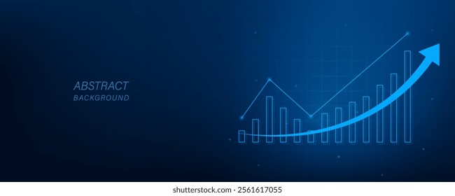 Arrow Up dark blue background with business growth graph chart. Digital technology fantastic design with graph trading stock finance increase. Featuring investment strategy to success