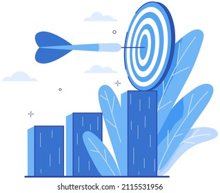Bogenschießen, Dart-Treffer-Ziel, Ziel oben auf dem Balkendiagramm. Zielerreichung, Erfolg, Führungskonzept. Wettbewerb gewinnen, erfolgreiche Strategie. Ziel mit Kreise zu treffen und Dart, Dartspiel