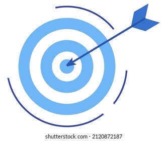 Arrow, dart hitting target, aim. Goal achievement, success, leadership concept. Winning competition, successful strategy. Target with circles to hit and dart, darts game isolated on white background