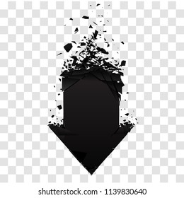 Arrow with debris isolated. Black sign with explosion effect. Motion vector illustration. 