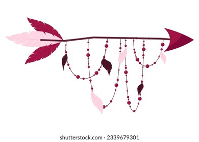 Flecha decorada con plumas y perlas en estilo boho sobre un fondo blanco.